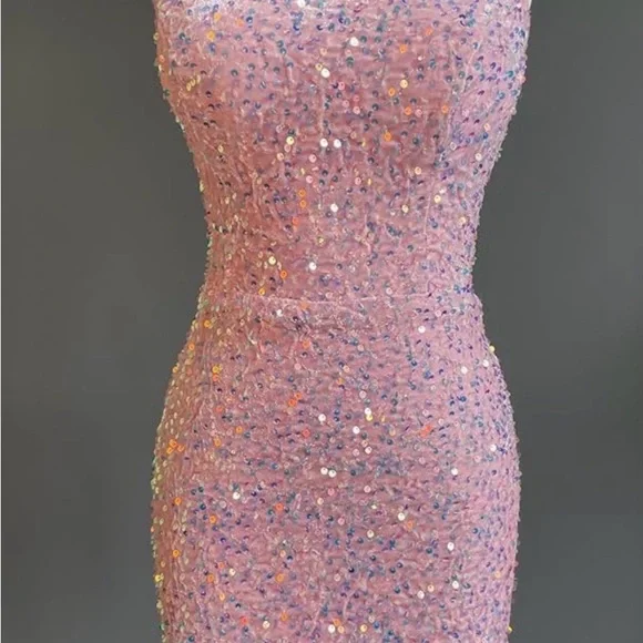 Sequin Formal Lace Up Back Dress - Pink - Picture 3 of 3